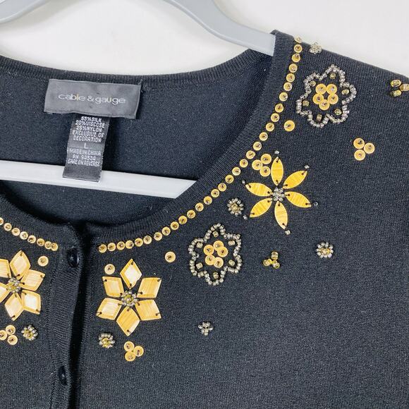 Cable & Gauge Size Medium Large Silk Blend Beaded Embellished Sweater Set Black - Picture 3 of 5